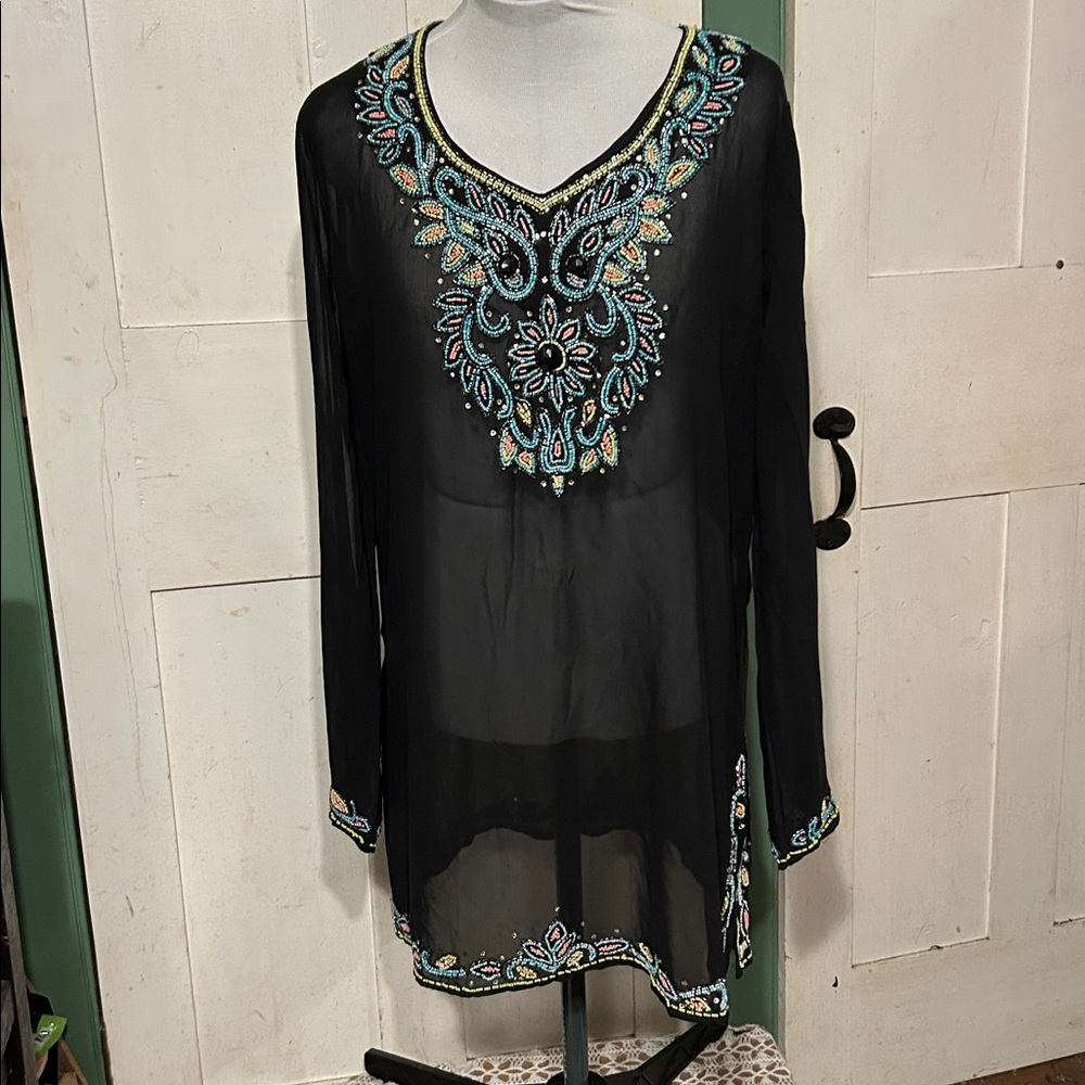 Ex Cond Nouveau Beach Beaded Top Sheer Tunic Cover-Up Boho Chic